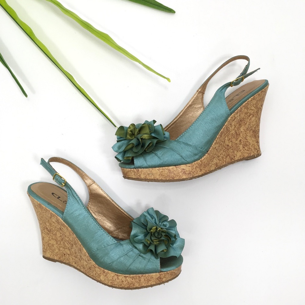 CL by Laundry | Teal Sling Back Cork Wedge